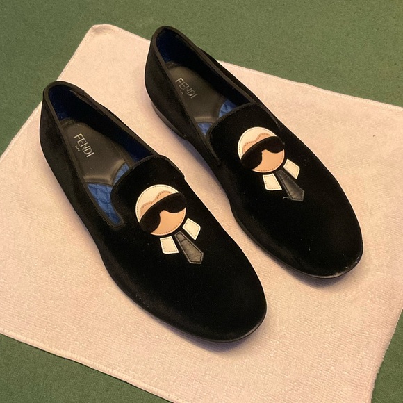 Fendi Mens Black Karlito Velvet Mink Fur Mocassin Slip On Loafers Size 10.5 - Picture 2 of 11